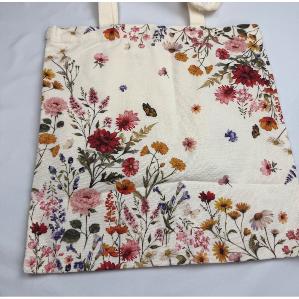 Wildflower Butterfly Canvas Tote Bag Cream Floral Reusable Shopper Cottagecore